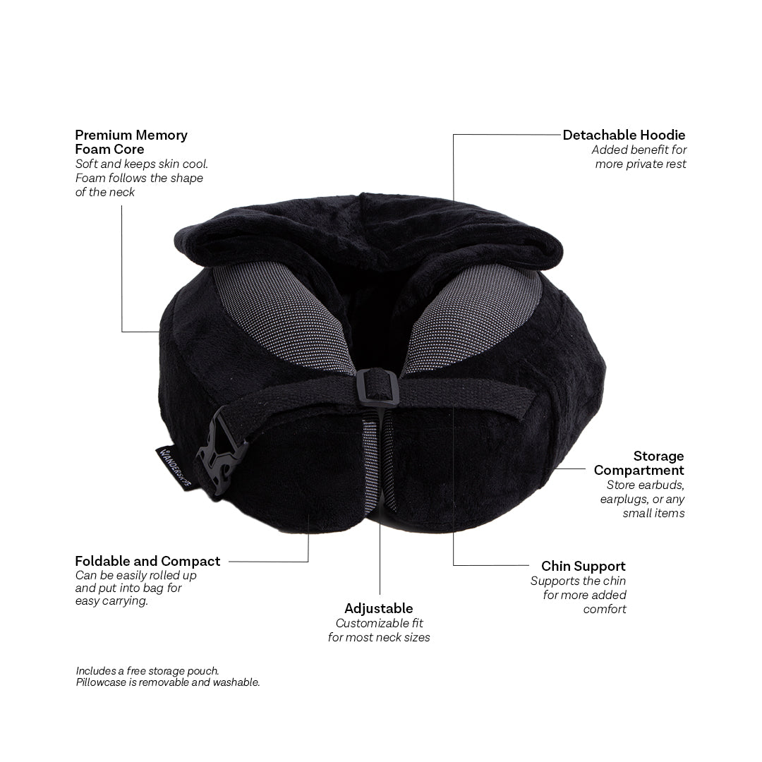 Max Memory Foam Neck Pillow Plus with Removable Hoodie & Built-in Earplugs