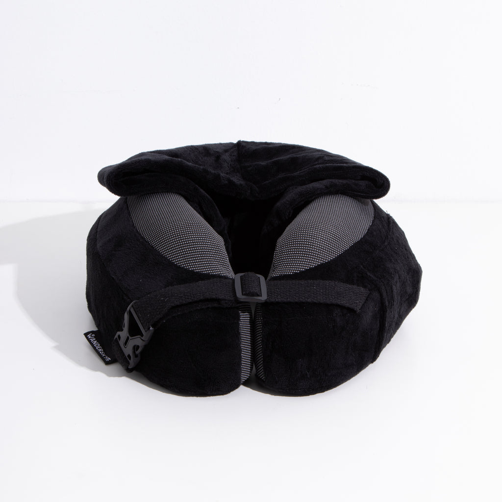 Max Memory Foam Neck Pillow Plus with Removable Hoodie & Built-in Earplugs